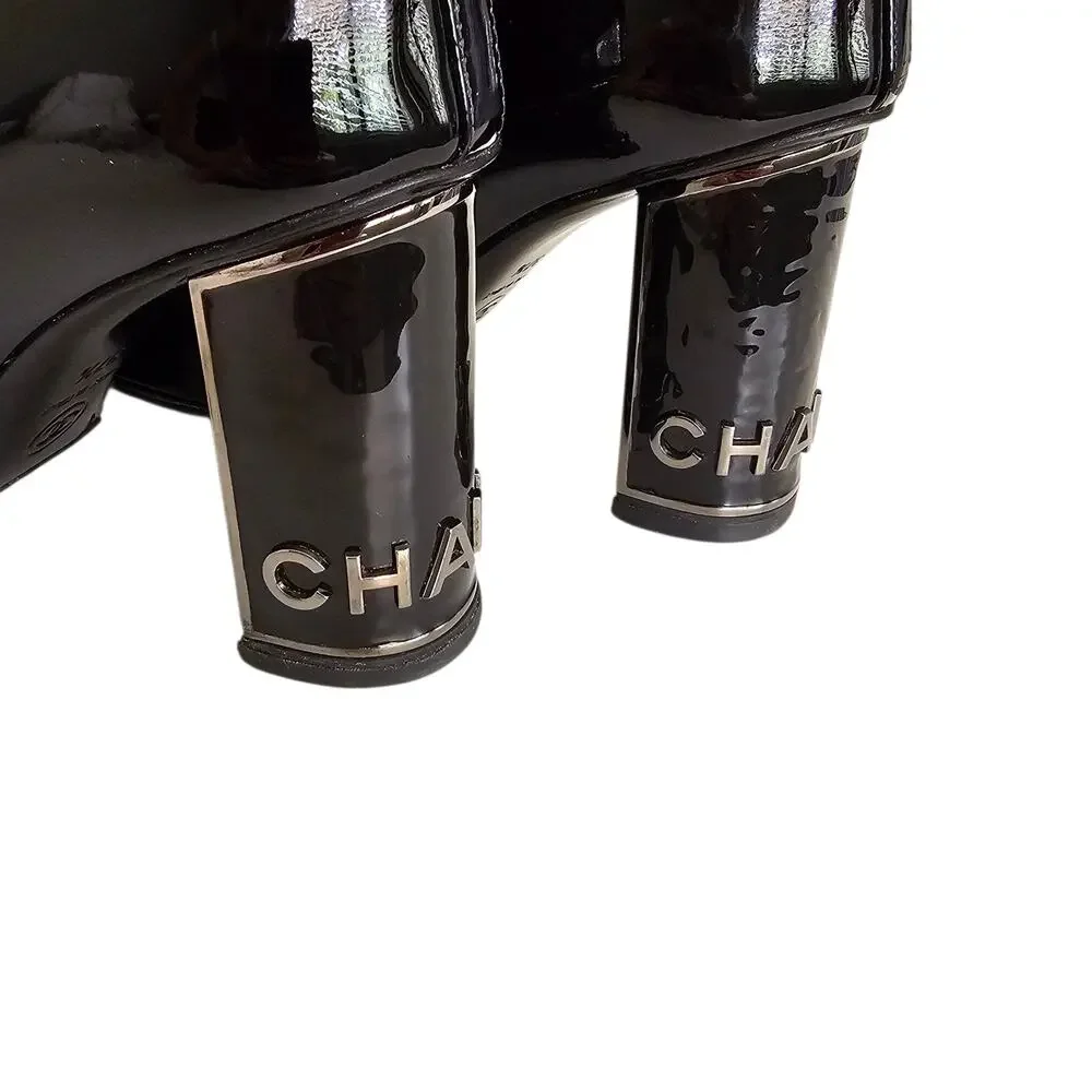 Chanel CC Cap Toe Logo Ankle Heel Boot Size 37.5 US 6.5 7 Black Patent Leather